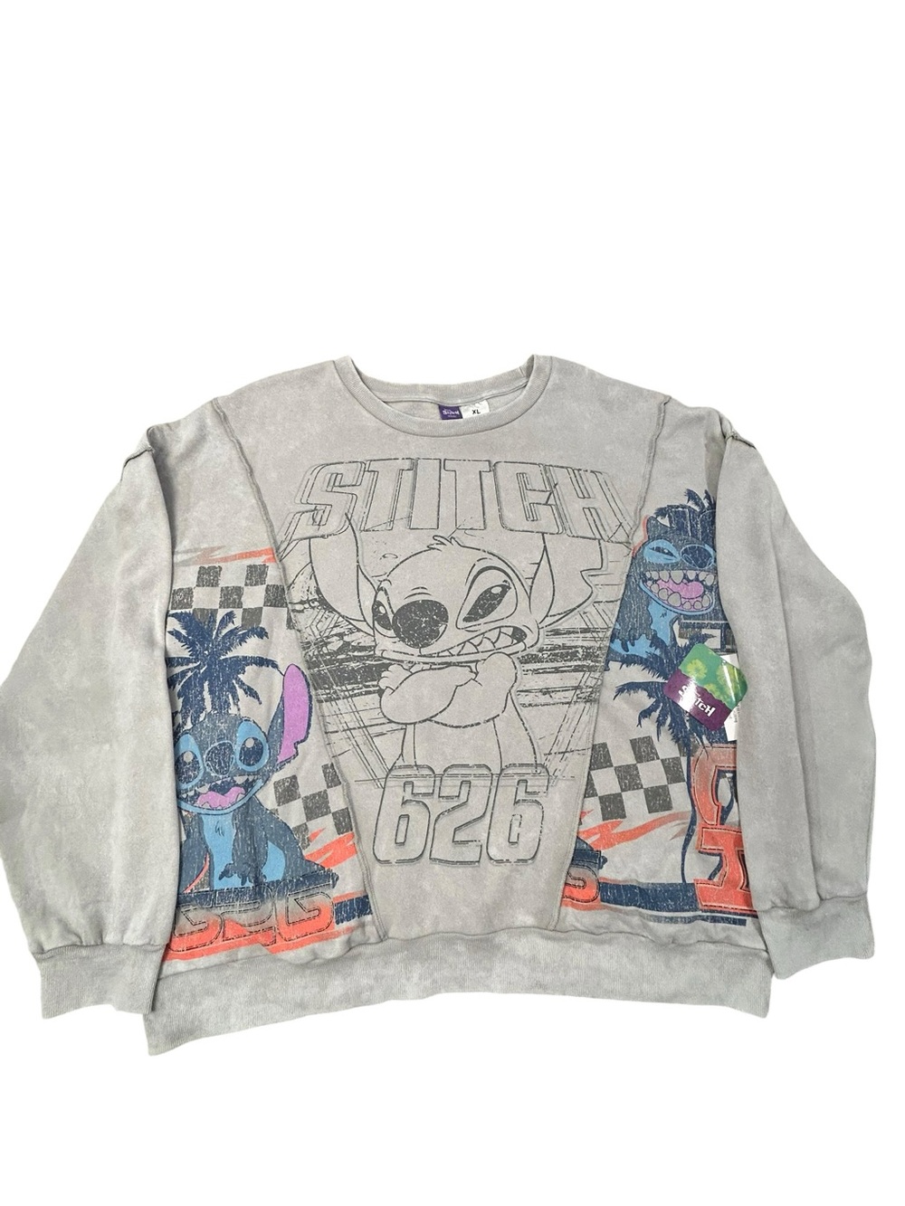 Disney Stitch Gray Crewneck Sweatshirt with‎ Blue & Pink Stitch Graphics NWOT XL